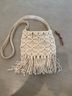 Lucky Brand Cream Macramé Fringe Crossbody Bag with Bead Accent